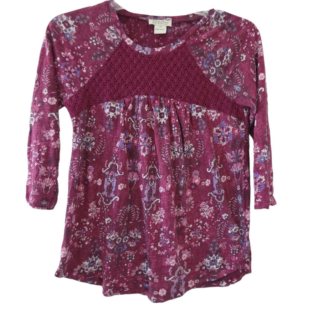 Lucky Brand Peasant Top XS Boho Shirt, Crochet Detail, Maroon Red, Floral Shirt